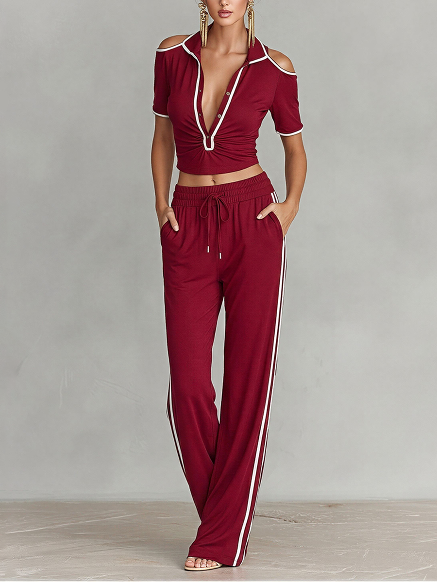 Women's Burgundy Knit Two-Piece Tracksuit With Cold Shoulder Crop Top & Striped Pants, Timeless Sporty Casual Outfit MDZ1808E1LYL