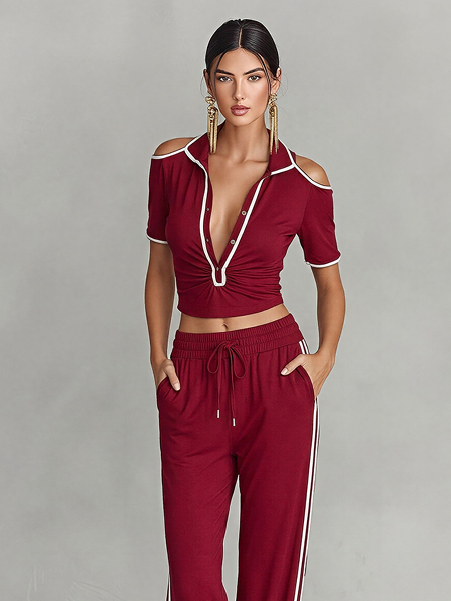 Women's Burgundy Knit Two-Piece Tracksuit With Cold Shoulder Crop Top & Striped Pants, Timeless Sporty Casual Outfit MDZ1808E1LYL