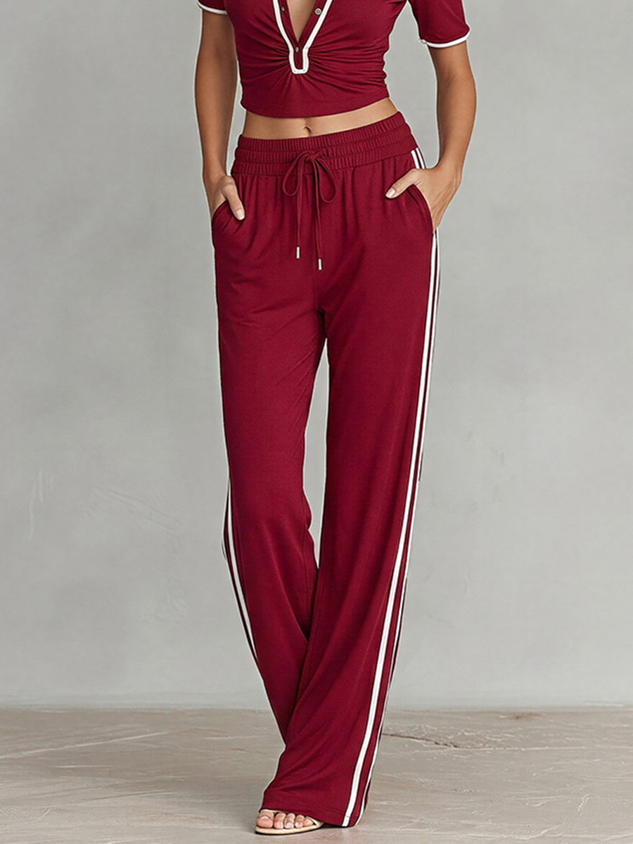 Women's Burgundy Knit Two-Piece Tracksuit With Cold Shoulder Crop Top & Striped Pants, Timeless Sporty Casual Outfit MDZ1808E1LYL