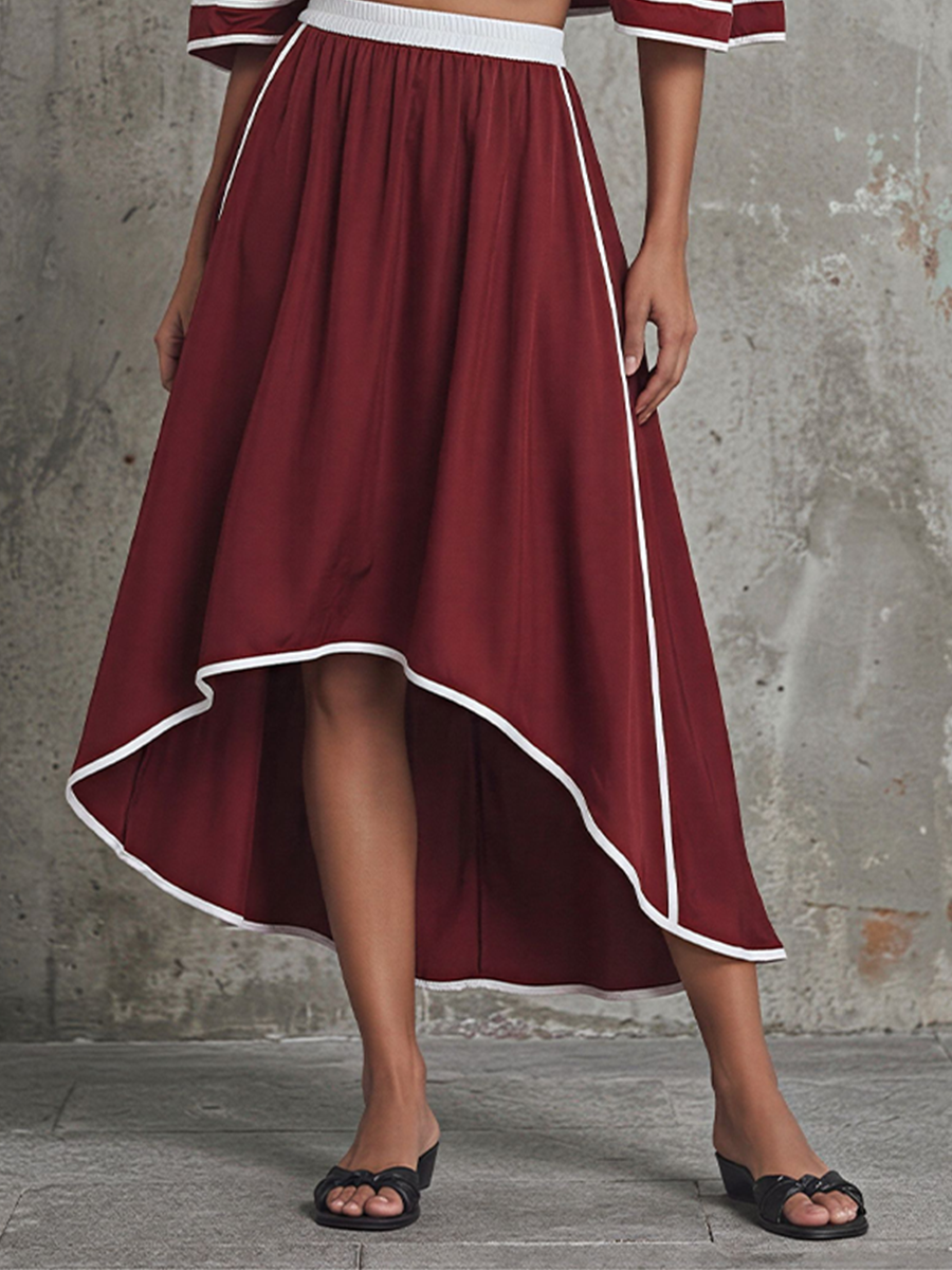 Women's Maroon Contrast Trim Co-Ord With Off-Shoulder Flounce Sleeves & Elastic Waist Skirt, Modern Effortless-Chic Casual Outfit MDZ1877E5LYL