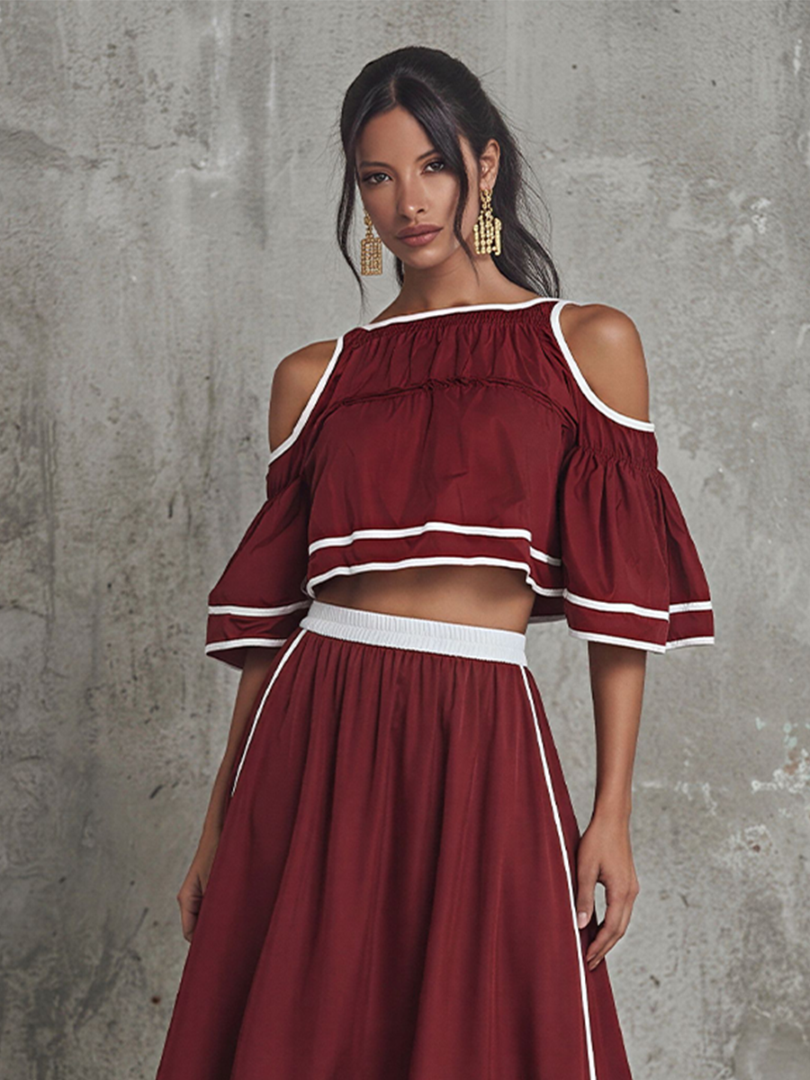 Women's Maroon Contrast Trim Co-Ord With Off-Shoulder Flounce Sleeves & Elastic Waist Skirt, Modern Effortless-Chic Casual Outfit MDZ1877E5LYL