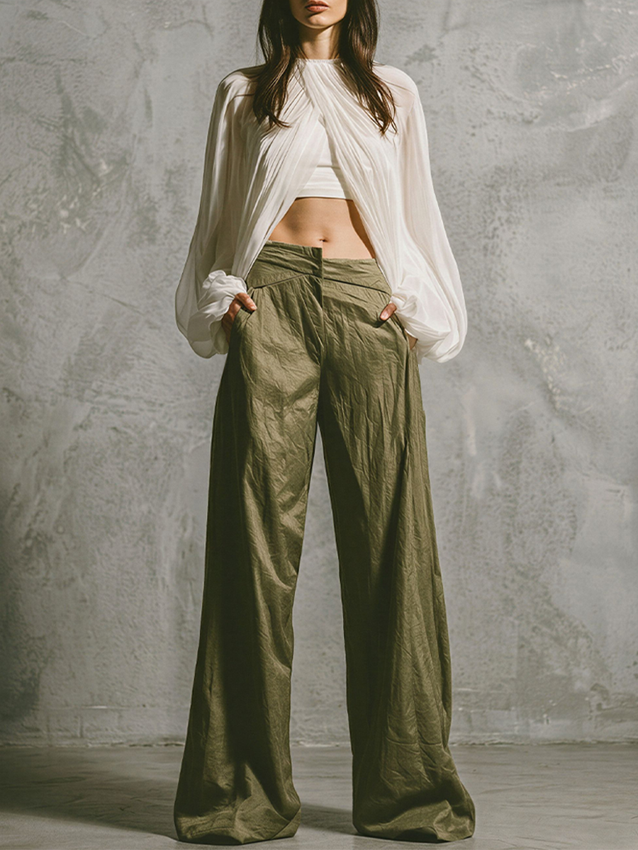 Women's White Chiffon & Olive Green Two-Piece Set With Draped Blouse & Wide Leg Pants, Timeless Minimalist Casual Outfit MDZ1869E5LYL