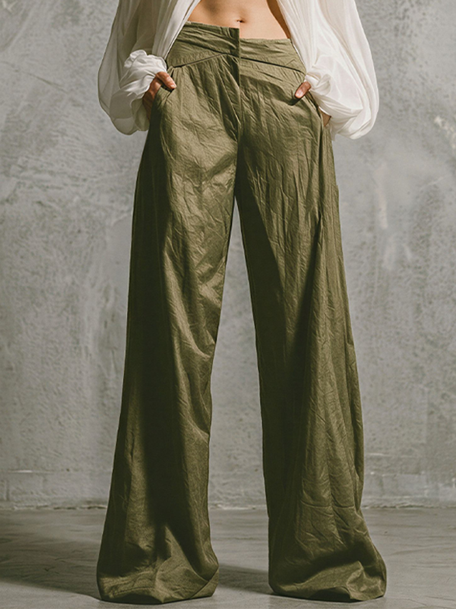 Women's White Chiffon & Olive Green Two-Piece Set With Draped Blouse & Wide Leg Pants, Timeless Minimalist Casual Outfit MDZ1869E5LYL