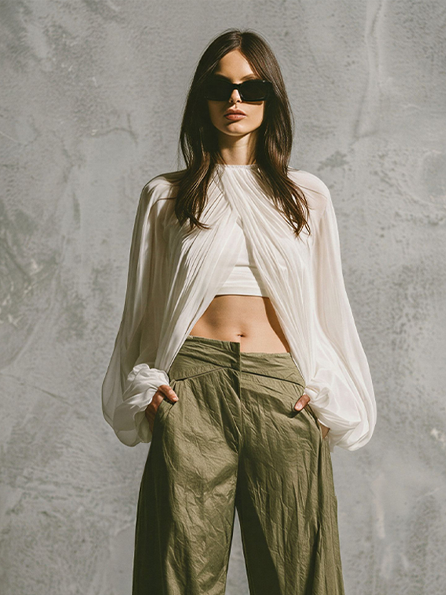 Women's White Chiffon & Olive Green Two-Piece Set With Draped Blouse & Wide Leg Pants, Timeless Minimalist Casual Outfit MDZ1869E5LYL