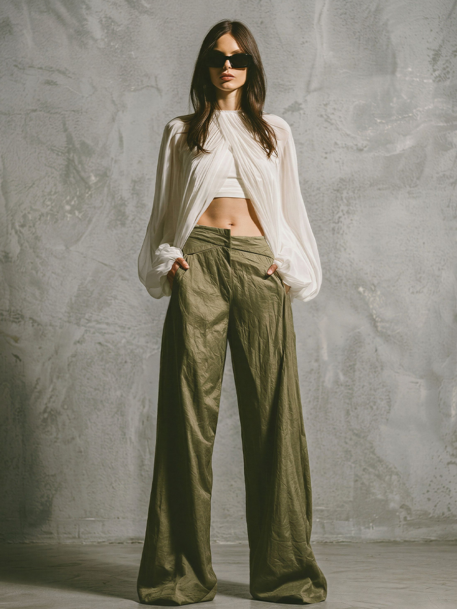 Women's White Chiffon & Olive Green Two-Piece Set With Draped Blouse & Wide Leg Pants, Timeless Minimalist Casual Outfit MDZ1869E5LYL