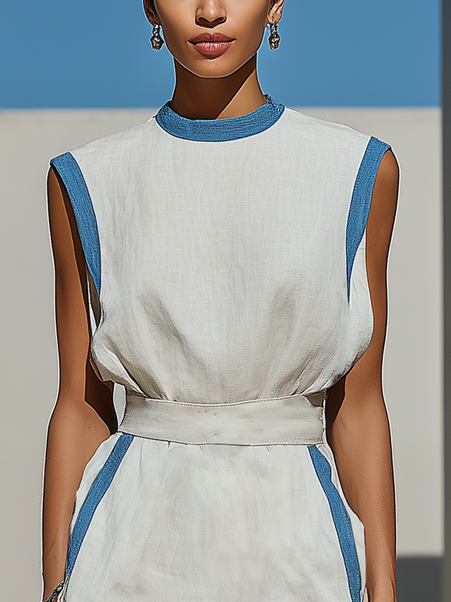 Women’s White Linen-Blend Sleeveless Dress With Blue Contrast Trim MDZ1813E8T
