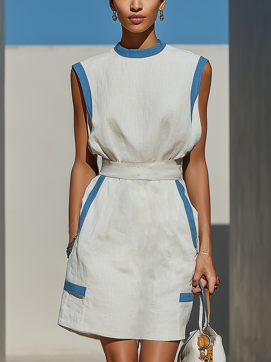 Women’s White Linen-Blend Sleeveless Dress With Blue Contrast Trim MDZ1813E8T
