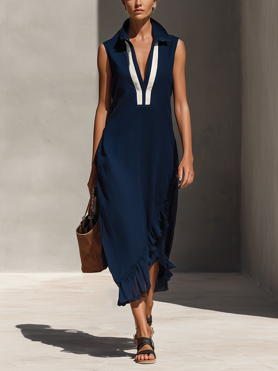 Women’s Navy Blue Sleeveless Maxi Dress With White Placket & Asymmetrical Ruffle Hem  MDZ1897E1T