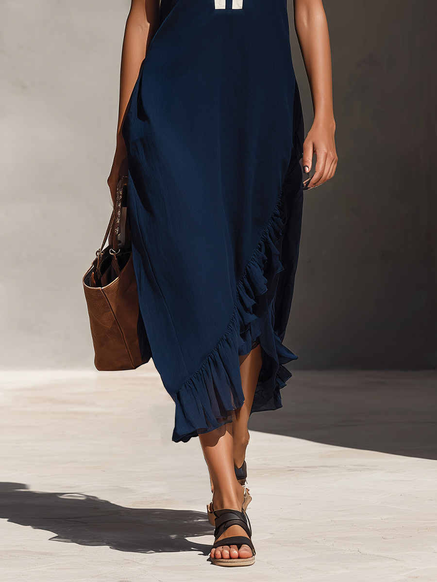 Women’s Navy Blue Sleeveless Maxi Dress With White Placket & Asymmetrical Ruffle Hem  MDZ1897E1T