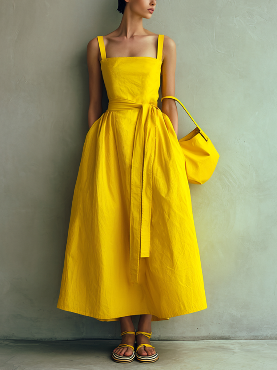 Women's Minimalist Bright Yellow Cotton Blend Square Neck Tie-Waist A-Line Cami Maxi Dress MDZ1863E8GMJ