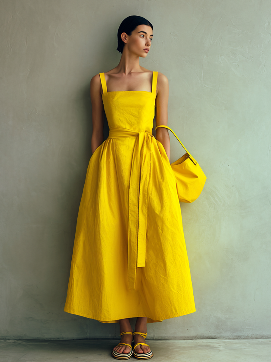 Women's Minimalist Bright Yellow Cotton Blend Square Neck Tie-Waist A-Line Cami Maxi Dress MDZ1863E8GMJ