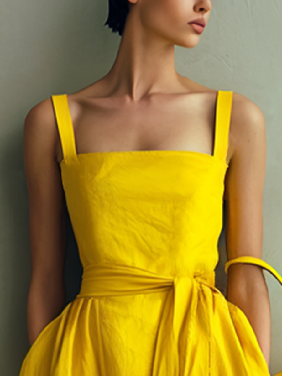 Women's Minimalist Bright Yellow Cotton Blend Square Neck Tie-Waist A-Line Cami Maxi Dress MDZ1863E8GMJ