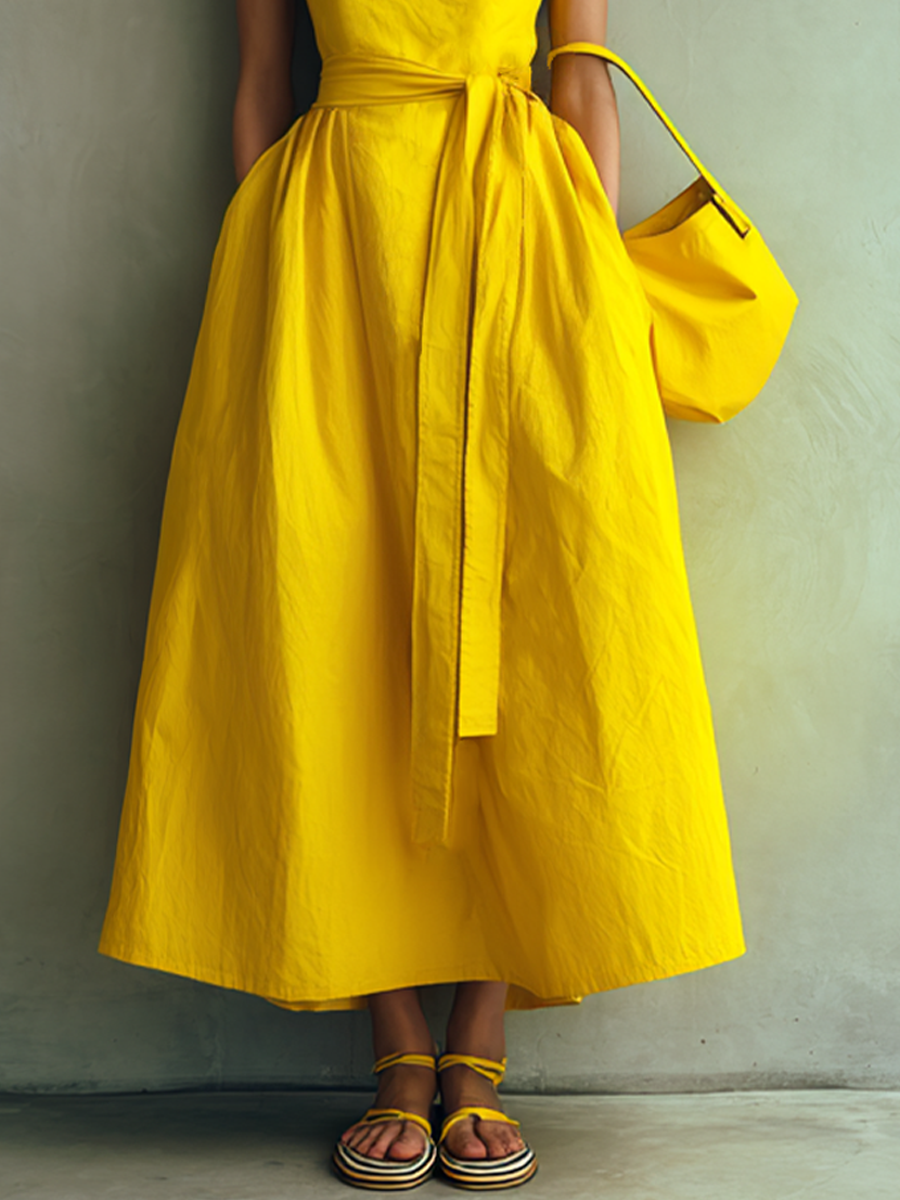 Women's Minimalist Bright Yellow Cotton Blend Square Neck Tie-Waist A-Line Cami Maxi Dress MDZ1863E8GMJ