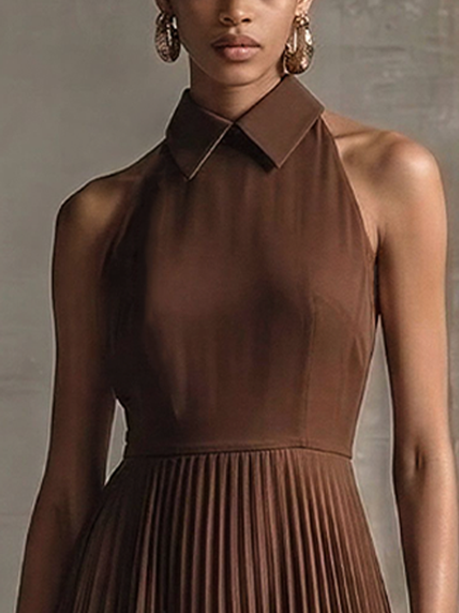 Women's Elegant Deep Brown Chiffon Collared Halter Waist-Tailored Pleated Maxi Dress MDZ1876E3GMJ