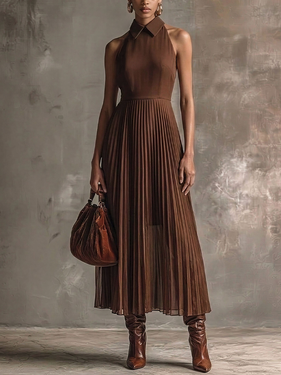 Women's Elegant Deep Brown Chiffon Collared Halter Waist-Tailored Pleated Maxi Dress MDZ1876E3GMJ
