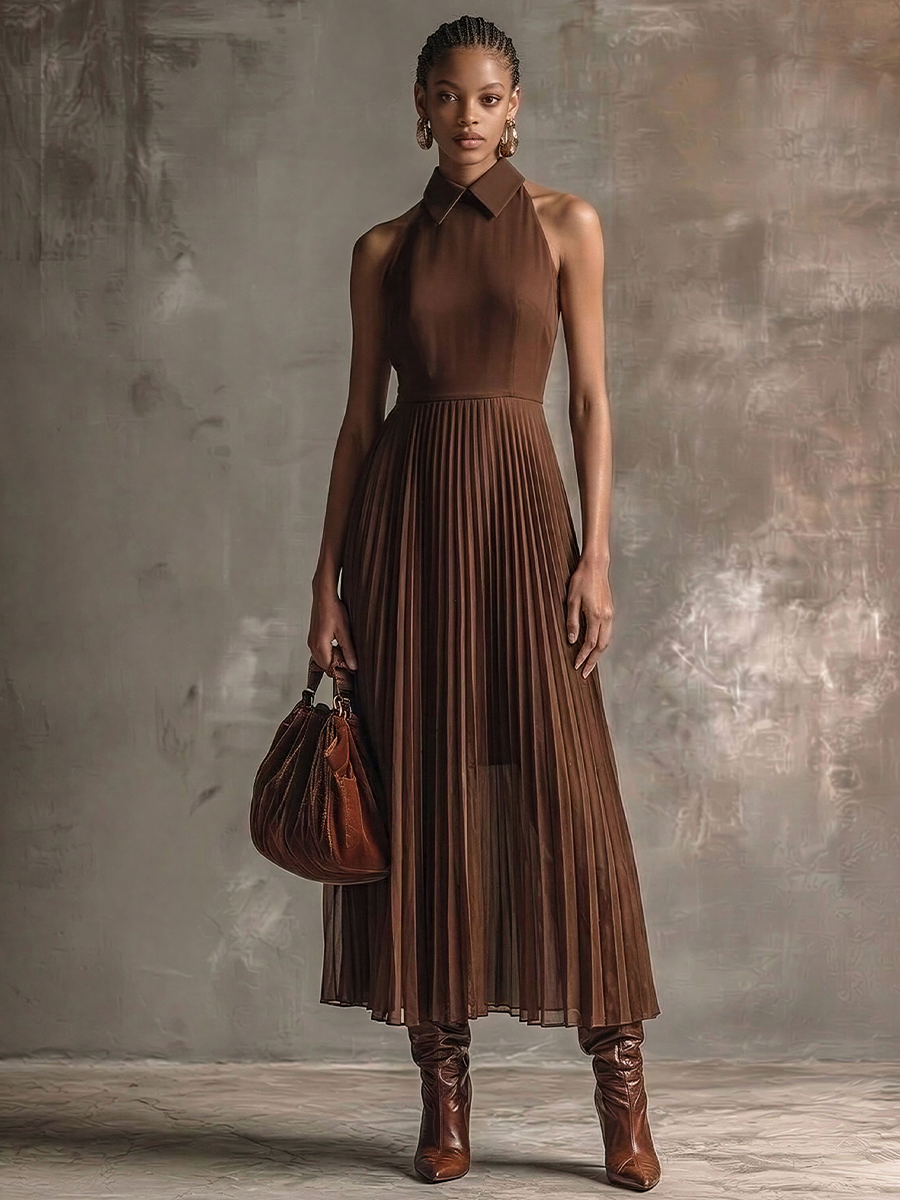 Women's Elegant Deep Brown Chiffon Collared Halter Waist-Tailored Pleated Maxi Dress MDZ1876E3GMJ