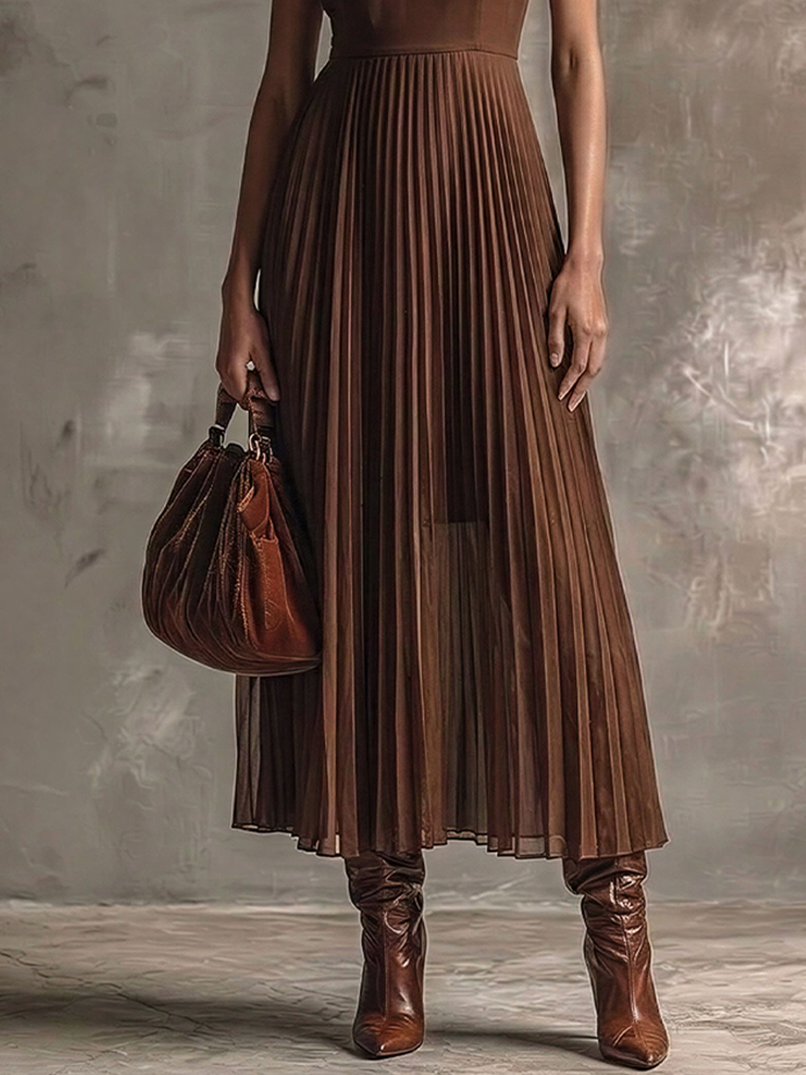 Women's Elegant Deep Brown Chiffon Collared Halter Waist-Tailored Pleated Maxi Dress MDZ1876E3GMJ