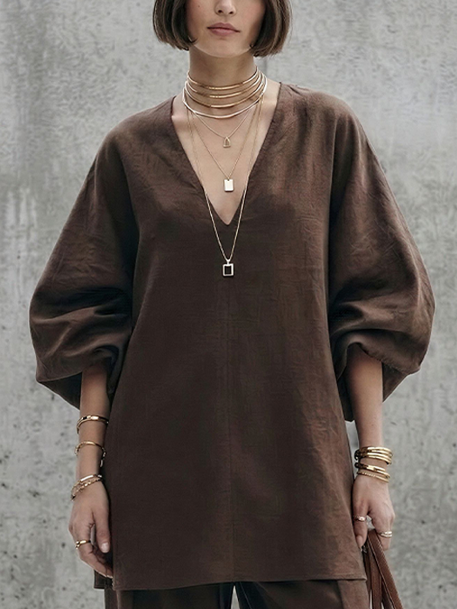 Women's Minimalist Deep Brown Linen-Cotton V-Neck Lantern Sleeve Tunic And High-Waisted Wide-Leg Pants Set MDZ1843E6GMJ