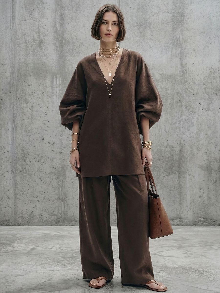 Women's Minimalist Deep Brown Linen-Cotton V-Neck Lantern Sleeve Tunic And High-Waisted Wide-Leg Pants Set MDZ1843E6GMJ