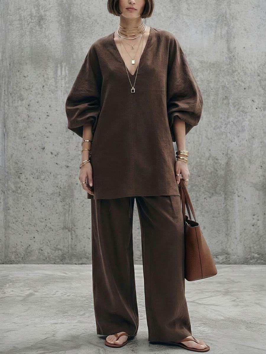 Women's Minimalist Deep Brown Linen-Cotton V-Neck Lantern Sleeve Tunic And High-Waisted Wide-Leg Pants Set MDZ1843E6GMJ