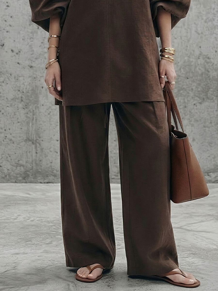 Women's Minimalist Deep Brown Linen-Cotton V-Neck Lantern Sleeve Tunic And High-Waisted Wide-Leg Pants Set MDZ1843E6GMJ