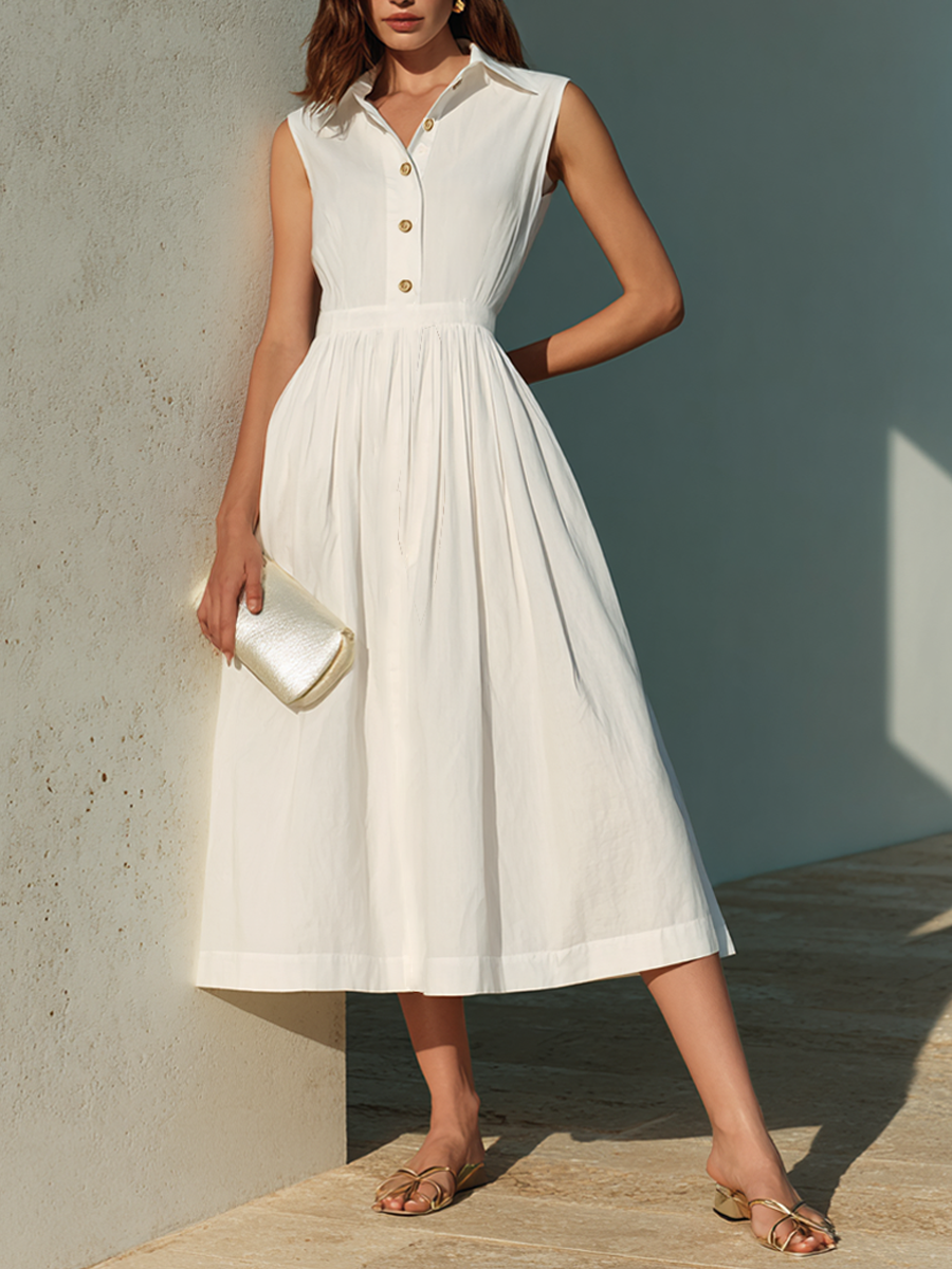 Women's Minimalist Cotton-Blend Sleeveless Button-Front Midi Dress MDZ1947E0ZRK