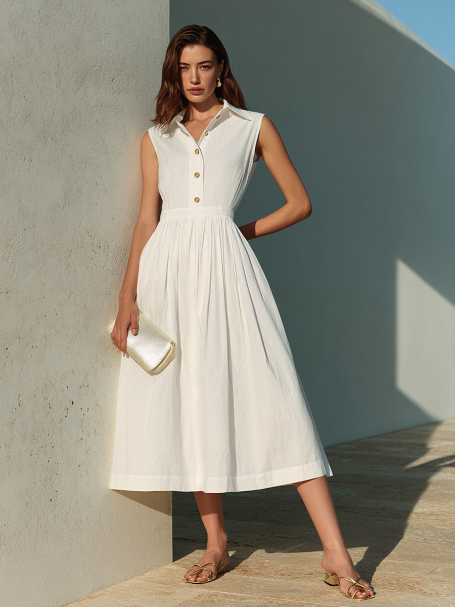 Women's Minimalist Cotton-Blend Sleeveless Button-Front Midi Dress MDZ1947E0ZRK
