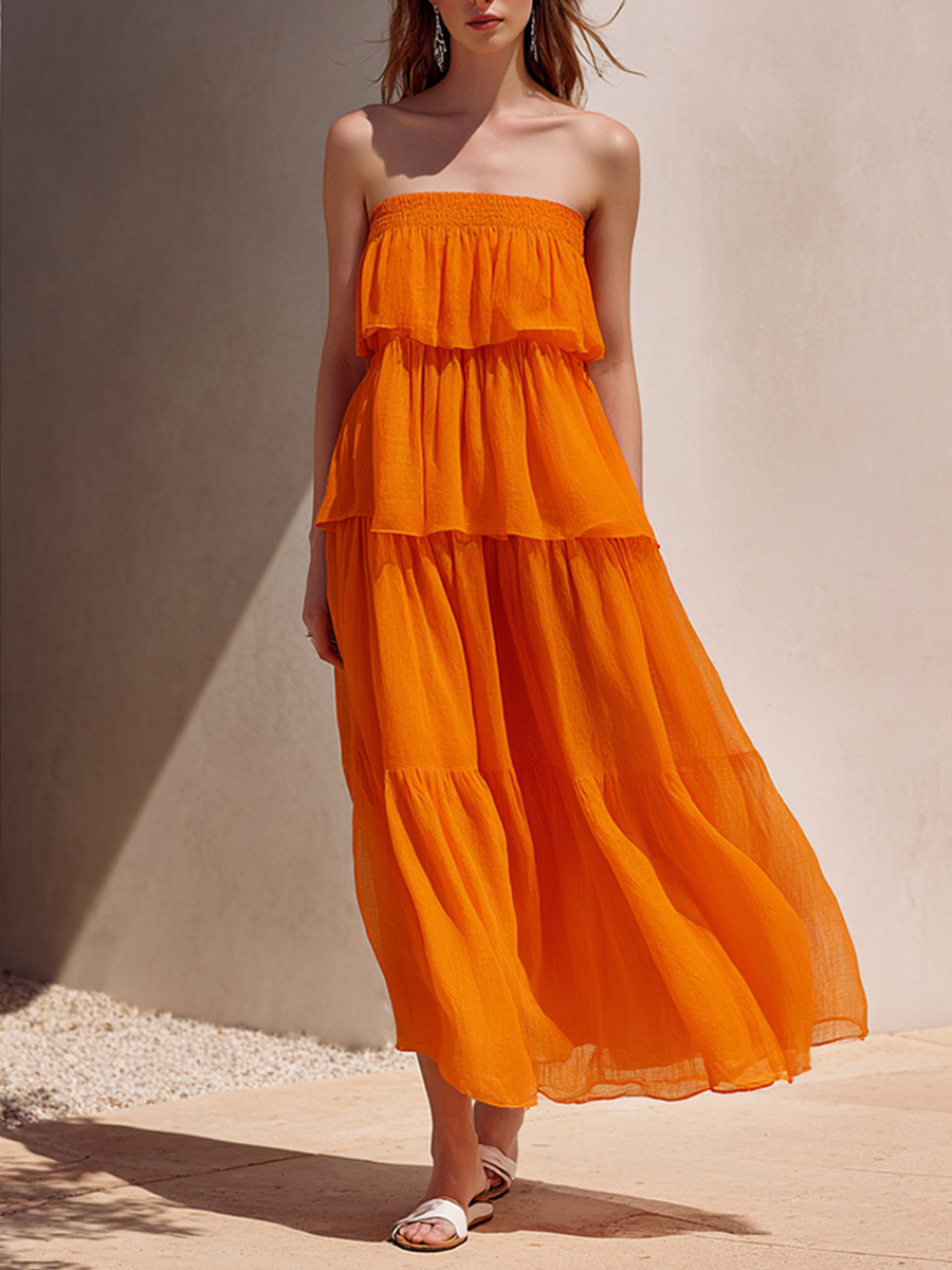 Women's Minimalist Tiered Chiffon Strapless Maxi Dress MDZ1941E7ZRK