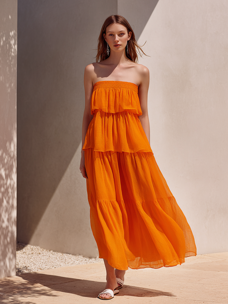 Women's Minimalist Tiered Chiffon Strapless Maxi Dress MDZ1941E7ZRK