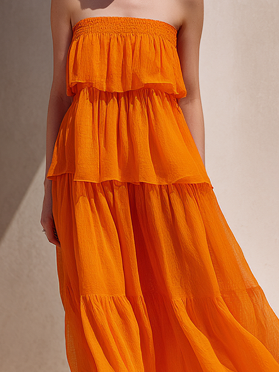 Women's Minimalist Tiered Chiffon Strapless Maxi Dress MDZ1941E7ZRK