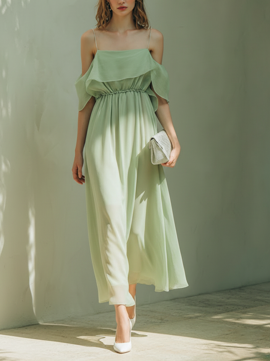 Women's Minimalist-Style Chiffon Off-Shoulder Maxi Dress With Spaghetti Straps MDZ1924E2ZRK