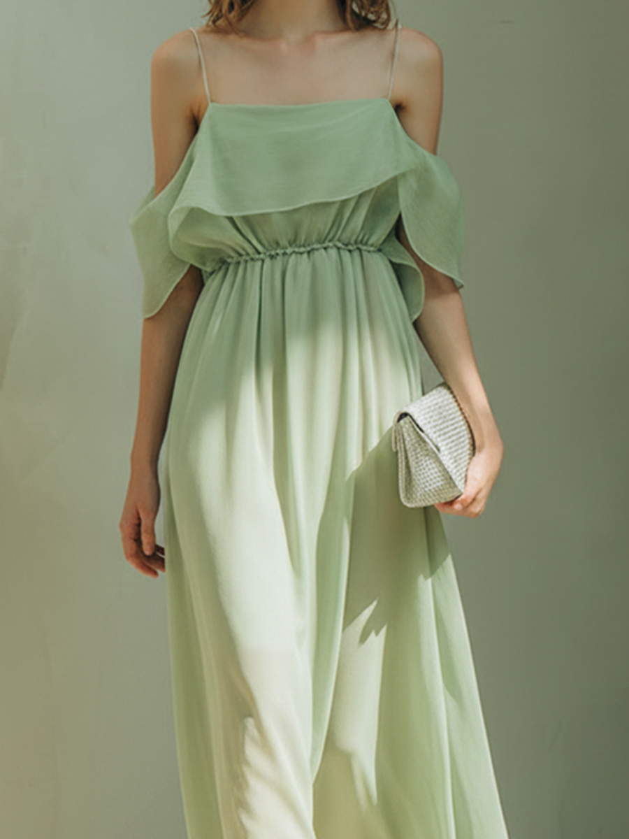 Women's Minimalist-Style Chiffon Off-Shoulder Maxi Dress With Spaghetti Straps MDZ1924E2ZRK