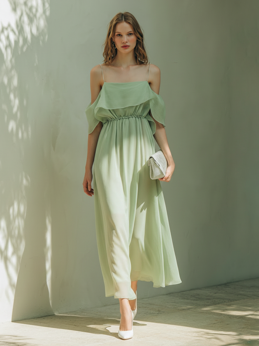 Women's Minimalist-Style Chiffon Off-Shoulder Maxi Dress With Spaghetti Straps MDZ1924E2ZRK