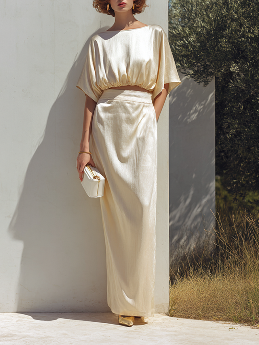 Women's Minimalist Satin-Texture Batwing Crop Top & Maxi Skirt Set MDZ1947E9ZRK