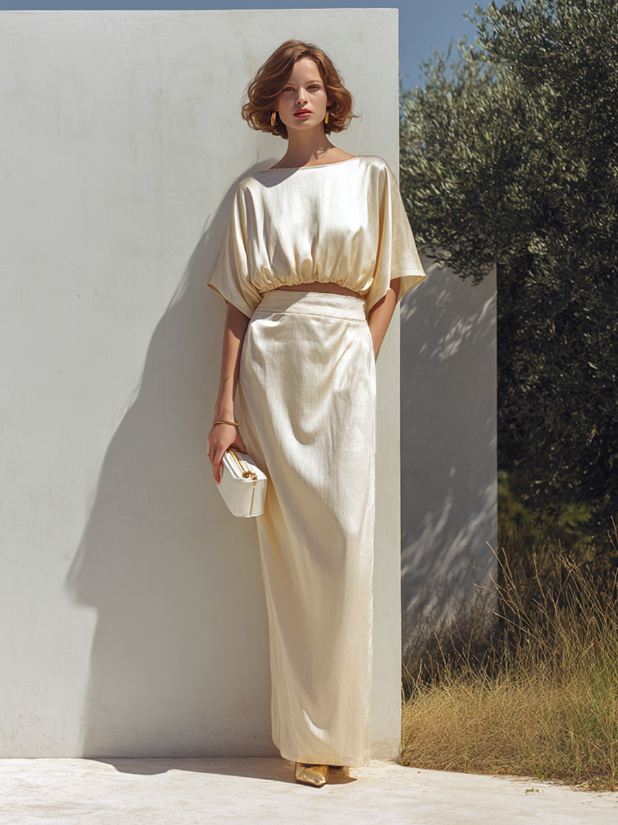 Women's Minimalist Satin-Texture Batwing Crop Top & Maxi Skirt Set MDZ1947E9ZRK