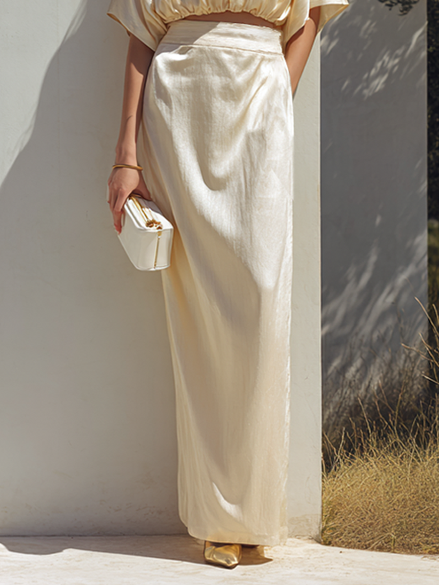 Women's Minimalist Satin-Texture Batwing Crop Top & Maxi Skirt Set MDZ1947E9ZRK