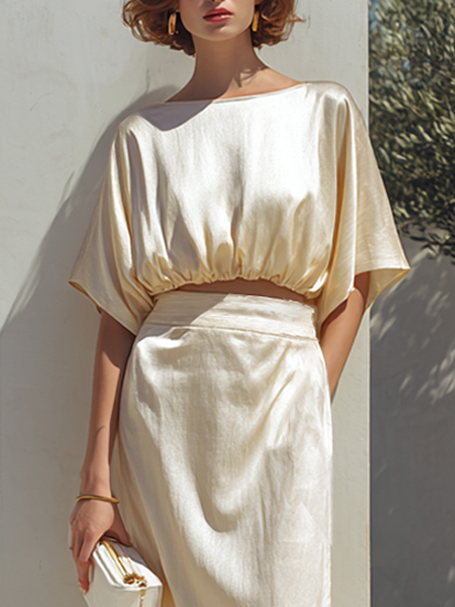Women's Minimalist Satin-Texture Batwing Crop Top & Maxi Skirt Set MDZ1947E9ZRK