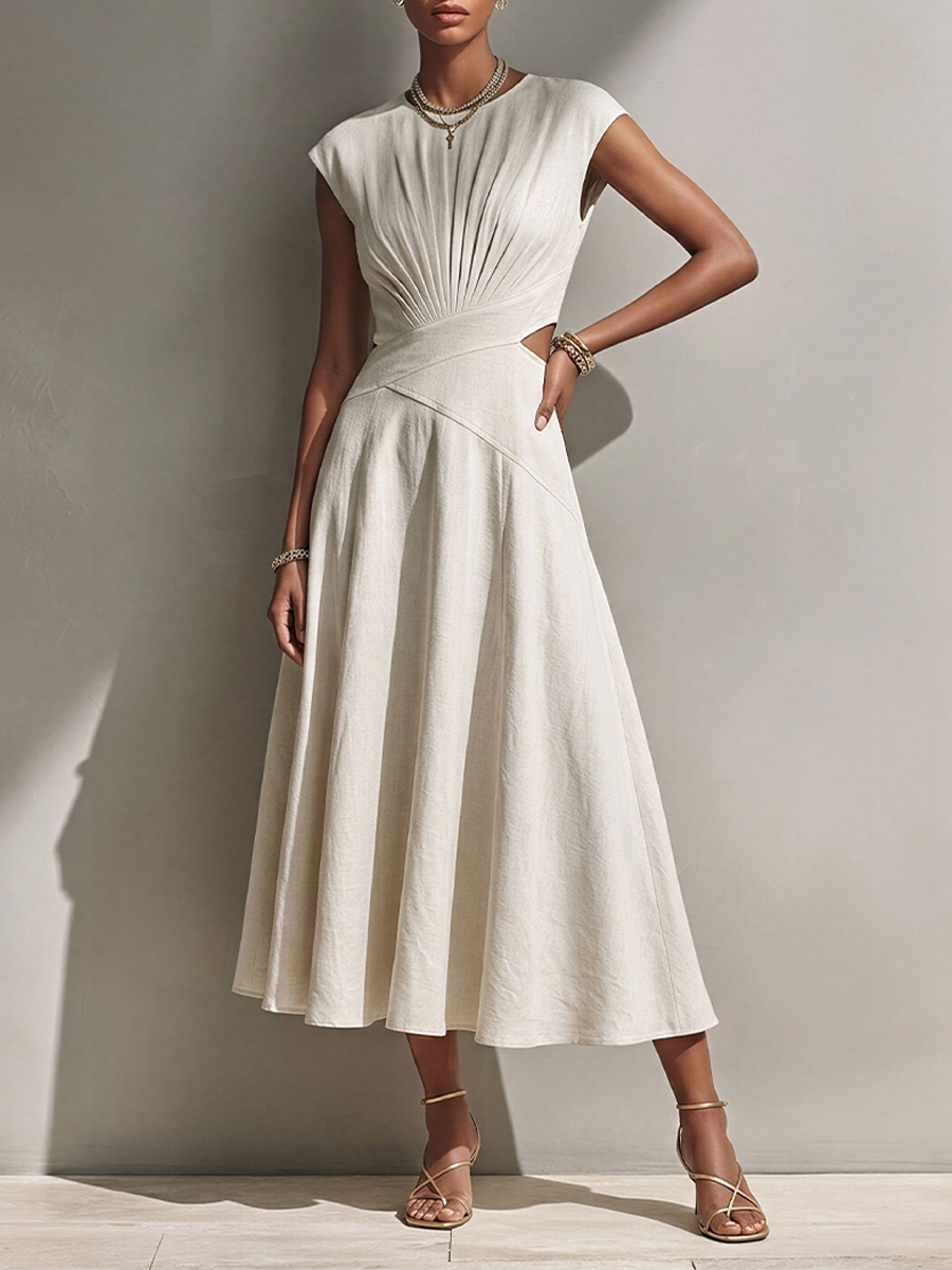 Women's Off-White A-Line Midi Dress With Pleated Bodice & Waist Cutout, Timeless Minimalist Casual Dress MDZ1942E1LYL