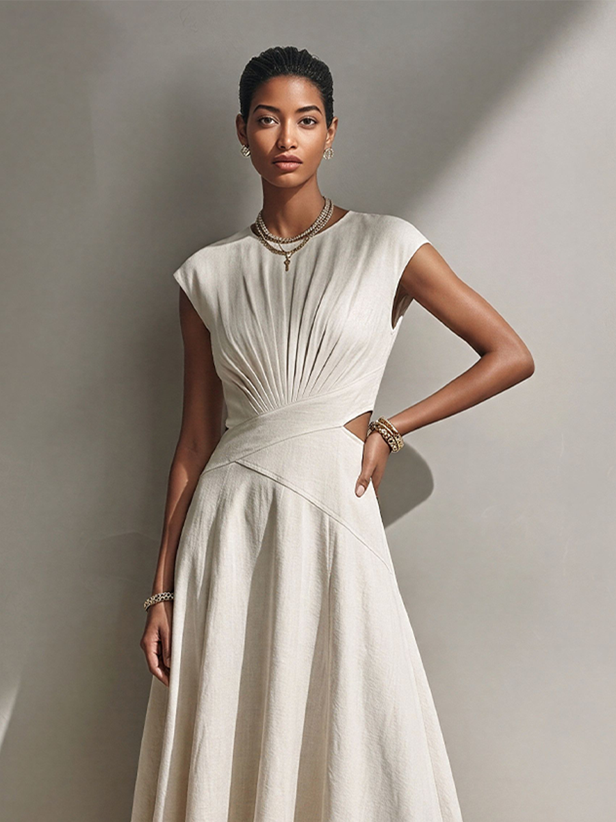 Women's Off-White A-Line Midi Dress With Pleated Bodice & Waist Cutout, Timeless Minimalist Casual Dress MDZ1942E1LYL