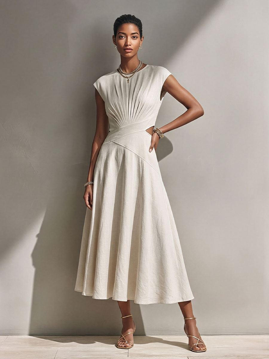 Women's Off-White A-Line Midi Dress With Pleated Bodice & Waist Cutout, Timeless Minimalist Casual Dress MDZ1942E1LYL