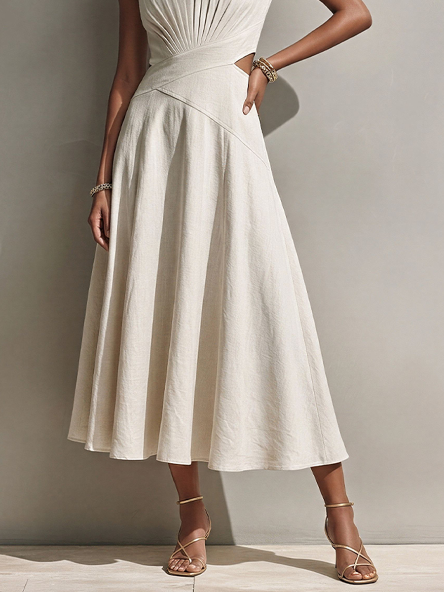 Women's Off-White A-Line Midi Dress With Pleated Bodice & Waist Cutout, Timeless Minimalist Casual Dress MDZ1942E1LYL