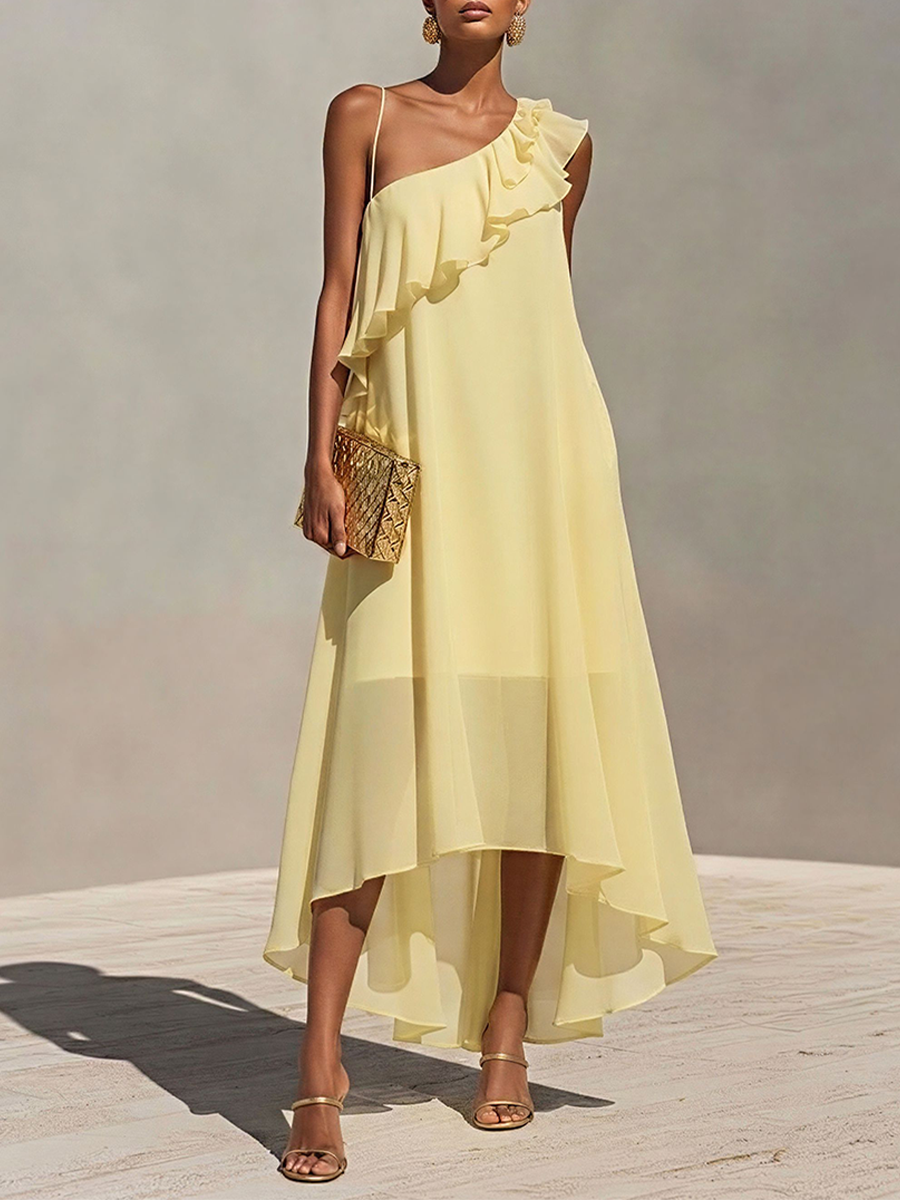 Women's Pale Yellow Chiffon One-Shoulder Dress With Ruffle Detail & High-Low Hem, Timeless Romantic Cocktail Dress MDZ1927E2LYL