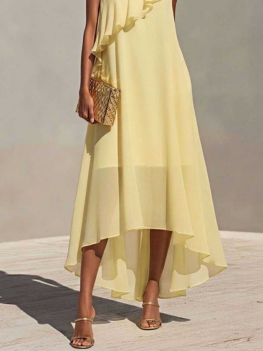 Women's Pale Yellow Chiffon One-Shoulder Dress With Ruffle Detail & High-Low Hem, Timeless Romantic Cocktail Dress MDZ1927E2LYL