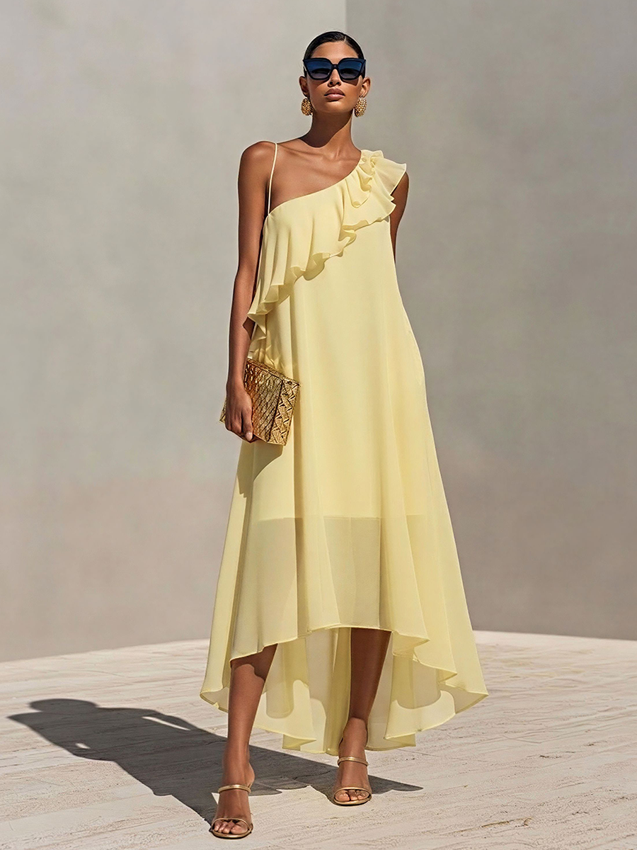Women's Pale Yellow Chiffon One-Shoulder Dress With Ruffle Detail & High-Low Hem, Timeless Romantic Cocktail Dress MDZ1927E2LYL