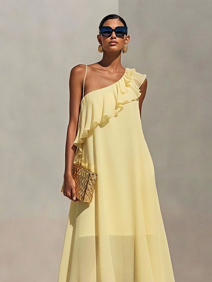 Women's Pale Yellow Chiffon One-Shoulder Dress With Ruffle Detail & High-Low Hem, Timeless Romantic Cocktail Dress MDZ1927E2LYL