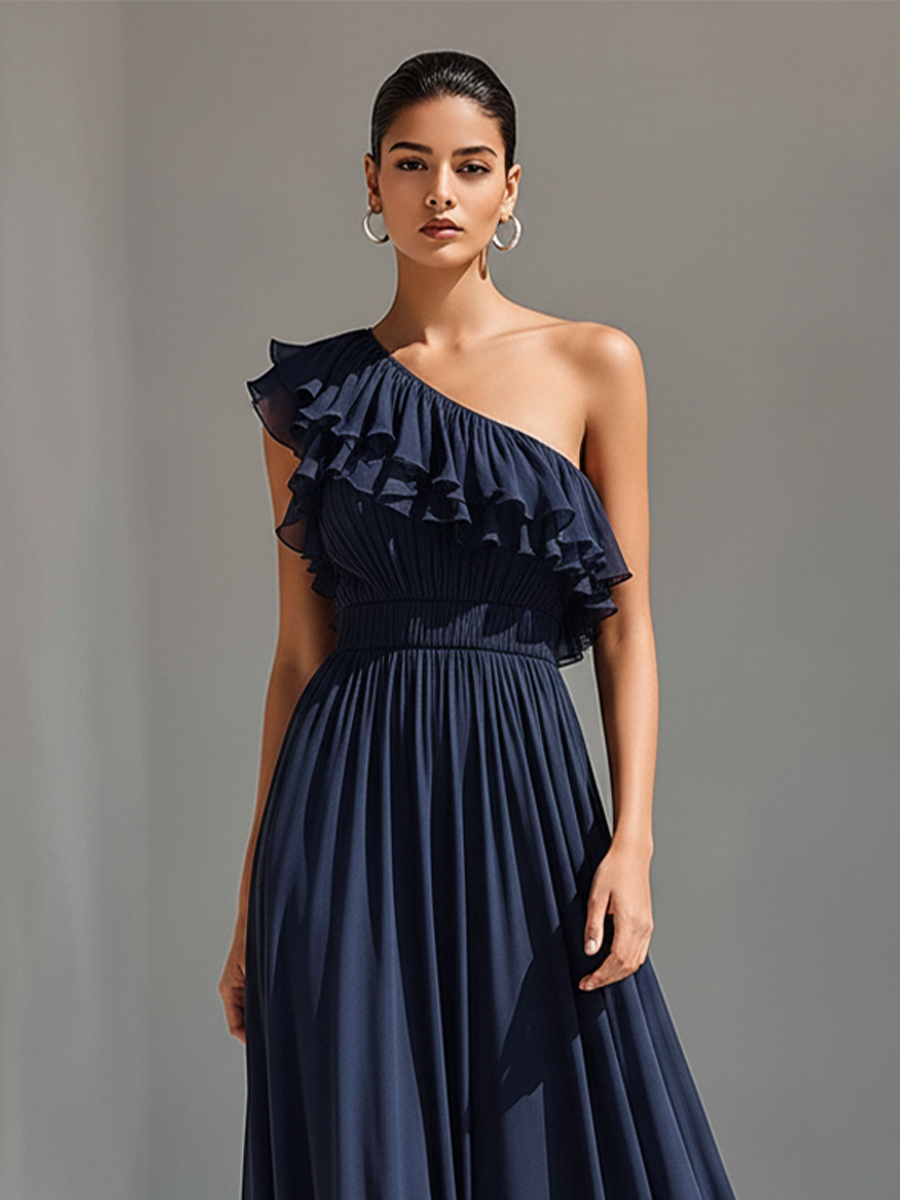 Women's Navy Chiffon One-Shoulder Gown With Ruffle Detail & Pleated Waist, Timeless Elegant Evening Dress MDZ1966E1LYL