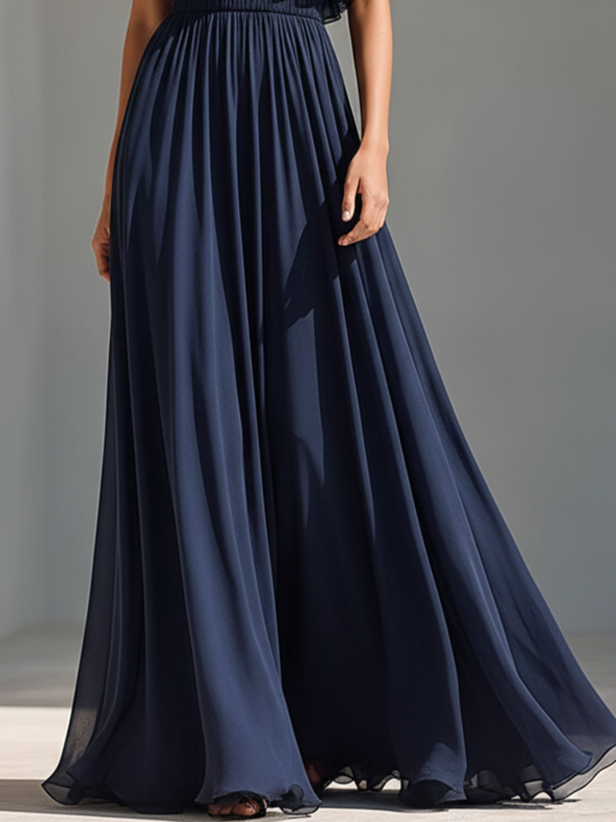 Women's Navy Chiffon One-Shoulder Gown With Ruffle Detail & Pleated Waist, Timeless Elegant Evening Dress MDZ1966E1LYL