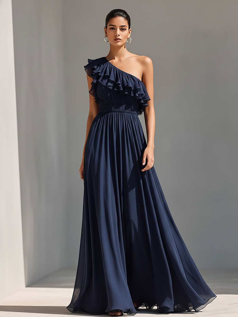 Women's Navy Chiffon One-Shoulder Gown With Ruffle Detail & Pleated Waist, Timeless Elegant Evening Dress MDZ1966E1LYL