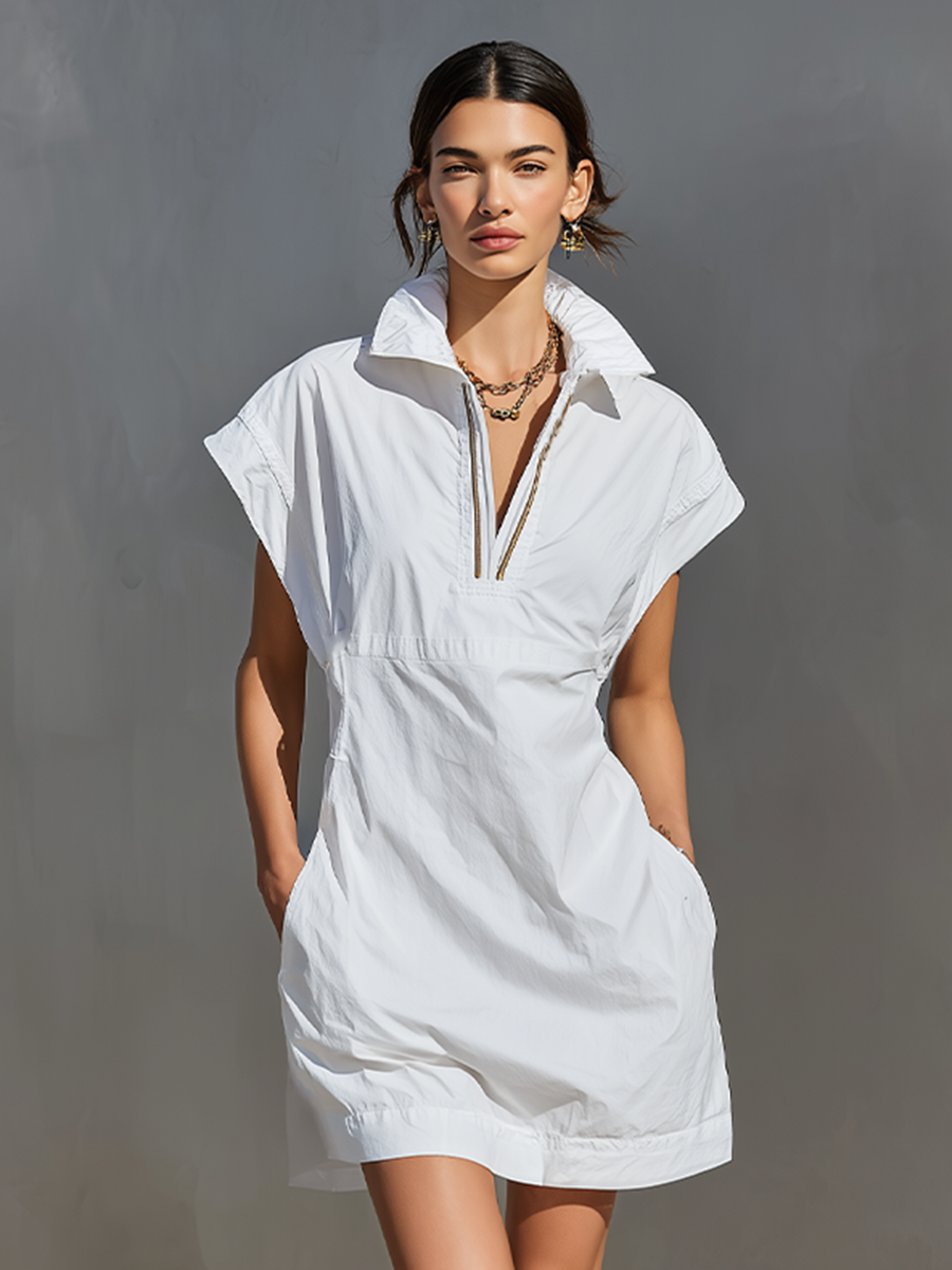 Women's White Cotton Mini Shirt Dress With Half-Zip Collar & Pockets, Timeless Minimalist Casual Dress MDZ1985E6LYL