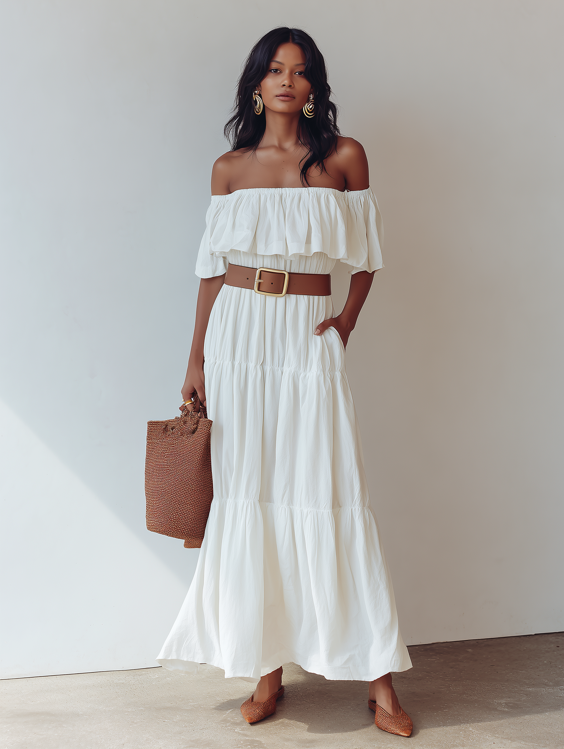 Women’s White Cotton Blend Off-Shoulder Tiered Maxi Dress With Ruffle Neckline & Belt MDZ1927E8T